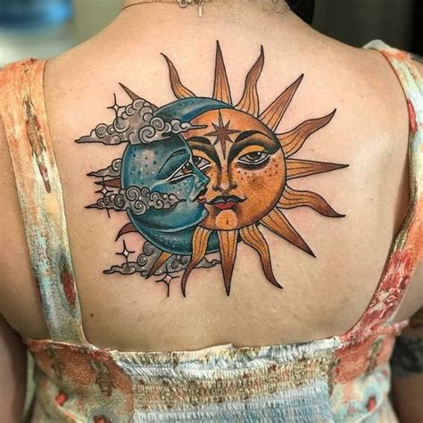 sun and moon back tattoos|traditional sun and moon tattoo.